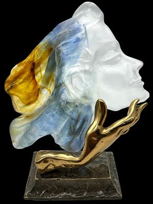 MODERN ART GLASS FACE SCULPTURE GILT HAND BASE 10". Striking contemporary sculptural art piece 