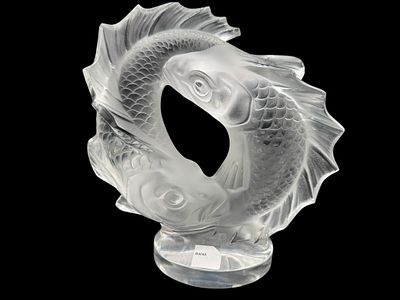 LALIQUE SIGNED FROSTED GLASS FISH SCULPTURE. Lalique frosted glass double fish sculpture 