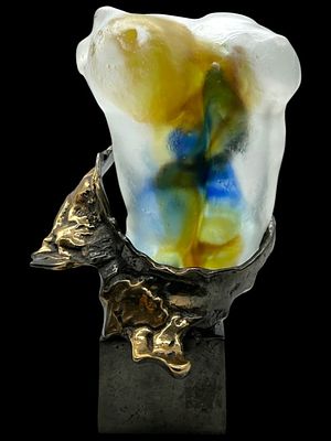 MODERN FROSTED ART GLASS TORSO SCULPTURE 9". Striking abstract mixed-media sculpture featuring a 