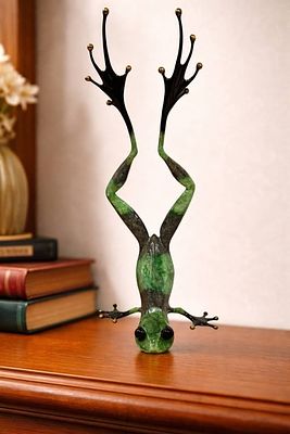 Handcrafted Green Frog Figurine in Handstand Pose. This unique green frog figurine, standing on 