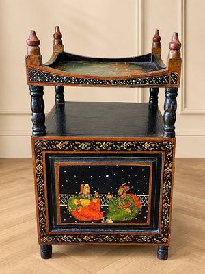 PAINTED INDIAN STYLE BLACK LACQUER CABINET 24". Decorative hand painted Indian-style black 