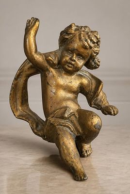 VINTAGE GILT BRASS CHERUB CANDLESTICK HOLDER 7". Vintage gilt brass cherub figurine, measuring 