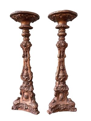 PAIR VINTAGE ORNATE CANDLESTICKS 25.5". Ornate candlesticks featuring a gold-toned finish and 