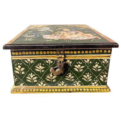 HAND PAINTED INDIAN WOODEN JEWELRY BOX 13". Handcrafted wooden jewelry box featuring intricate 