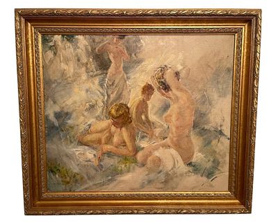 IMPRESSIONIST OIL PAINTING NUDE BATHING WOMEN 32". Impressionist-style oil painting depicting 