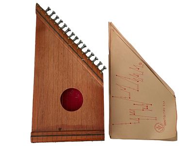 VINTAGE LAP HARP WITH SONG SHEETS 15". Vintage lap harp in wooden case, featuring ten strings 