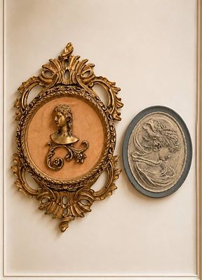 2 PCS ORNATE CLASSICAL FIGURAL WALL PLAQUE SET 16". Two ornate classical style wall plaques 