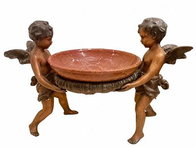 CHERUB FIGURAL BRONZE COMPOTE RED MARBLE BOWL 13". Decorative figural compote featuring two 