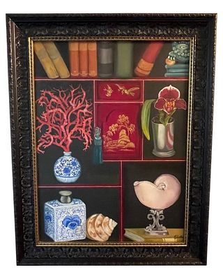 STILL LIFE PAINTING WITH SHELLS AND BOOKS 29". Framed still life painting depicting books 