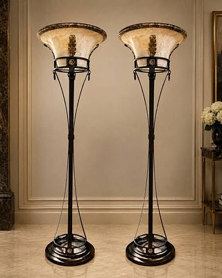PAIR ART DECO STYLE TORCHIERE FLOOR LAMPS 72". Striking pair of tall torchiere floor lamps 