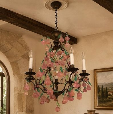 MURANO STYLE PINK ART GLASS FRUIT CHANDELIER 40". This vintage Italian chandelier features metal 