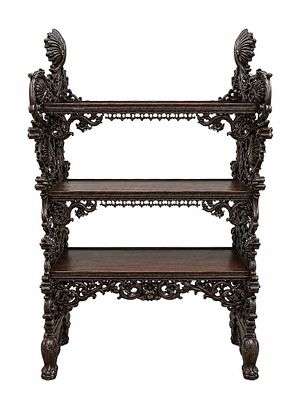 ANTIQUE CARVED WOOD DISPLAY ETAGERE 72". Elaborately carved, dark-stained wood display ?tag?re 