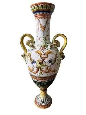 HAND-PAINTED ITALIAN MAIOLICA VASE SIGNED FRU. Tall hand-painted Italian maiolica vase 