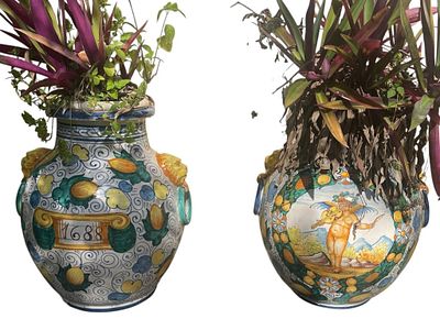 Pair of Italian Majolica Ceramic Planters. This item is located off-site in Delray Beach, FL. It 