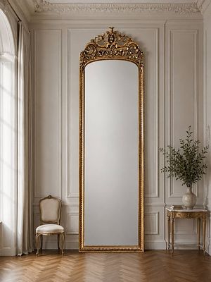 MONUMENTAL 9 FT ORNATE GILT ROCOCO STYLE MIRROR 9'. This impressive floor mirror features an 