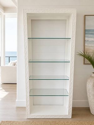 WHITE BOOKCASE WITH GLASS SHELVES 78". White-finish bookcase featuring four clear glass shelves 
