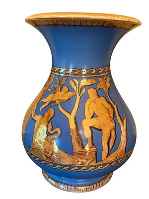 ANTIQUED STYLE BLUE AND GOLD FIGURAL VASE. Striking blue ceramic vase with gold classical 
