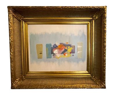 ABSTRACT MODERNIST PAINTING IN GILT FRAME 28". Framed abstract modernist painting featuring a 