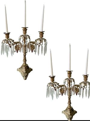 ANTIQUE BRASS SCONCES WITH PRISMS. Pair of antique brass wall sconces, each with three candle 