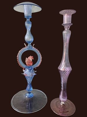 VENETIAN ART GLASS CANDLESTICKS. Two ornate Venetian style candlesticks, one in blue glass with 