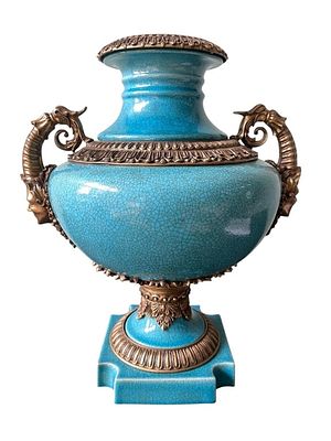 TURQUOISE CRACKLE GLAZE URN BRONZE MOUNTS 17.5". Decorative antique-style turquoise crackle 
