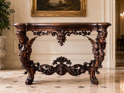 ORNATE RENAISSANCE REVIVAL STYLE CARVED FIGURAL CO. Striking carved wood console table in the 