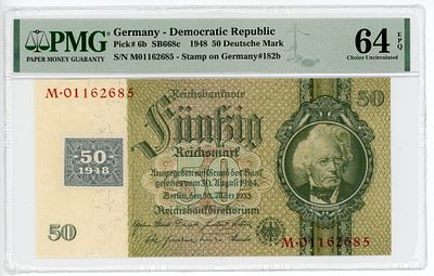 Германия ГДР 50 марок 1948 г. С МАРКОЙ PMG 64 EPQ UNC. Германия ГДР 50 марок 1948 г. С МАРКОЙ 
