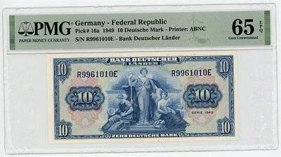 Германия ФРГ 10 немецких марок 1949 г. PMG 65 EPQ UNC. Германия ФРГ 10 немецких марок 1949 г. 