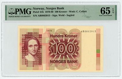 Норвегия 100 крон 1979-1980 гг. PMG 65 EPQ UNC. Норвегия 100 крон 1979-1980 гг. P-41b PMG 65 EPQ UNC