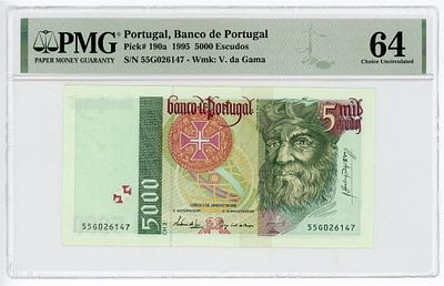 Португалия 5000 эскудо 1995 г. PMG 64 UNC. Португалия 5000 эскудо 1995 г. P-190a PMG 64 UNC