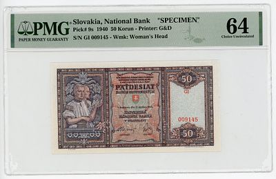 ОБРАЗЕЦ Словакия 50 крон 1940 SPECIMEN PMG 64 UNC. Словакия 50 крон 1940 ОБРАЗЕЦ SPECIMEN P-9s 
