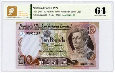 Северная Ирландия 10 фунтов 1977 г. TQG 64 Choice UNC. Северная Ирландия 10 фунтов 1977 г. 