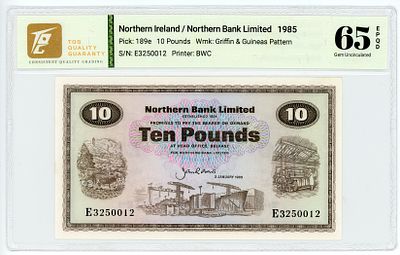Северная Ирландия 10 фунтов 1985 г. TQG 65 EPQD Gem UNC. Северная Ирландия 10 фунтов 1985 г. 