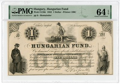 Венгрия 1 доллар 1852 г. Hungarian Fund PMG 64 EPQ Choice UNC. Венгрия 1 доллар 1852 г. 