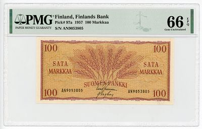 Финляндия 100 марок 1957 г. PMG 66 EPQ Gem UNC. Финляндия 100 марок 1957 г. P-97a PMG 66 EPQ Gem UNC