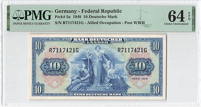 Германия ФРГ 10 марок 1949 г. PMG 64 EPQ UNC. Германия ФРГ 10 марок 1949 г. P-16a PMG 64 EPQ UNC