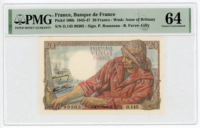 Франция 20 франков 1945-1947 гг. PMG 64 UNC. Франция 20 франков 1945-1947 гг. P-100b PMG 64 UNC