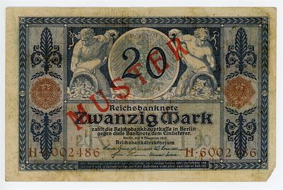 ОБРАЗЕЦ Германия 20 марок 1915 г. Specimen MUSTER F-VF. Германия 20 марок 1915 г. ОБРАЗЕЦ 