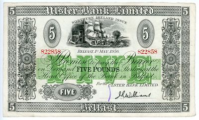Северная Ирландия 5 фунтов 1956 г. VF-XF. Северная Ирландия 5 фунтов 1956 г. P-316b VF-XF