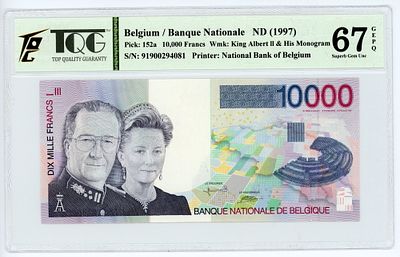 Бельгия 10000 франков 1997 г. TQG 67 GEPQ Superb Gem UNC. Бельгия 10000 франков 1997 г. P-152a 