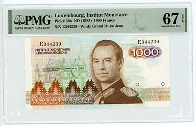 Люксембург 1000 франков 1985 г. PMG 67 Superb Gem UNC. Люксембург 1000 франков 1985 г. P-59a PMG 