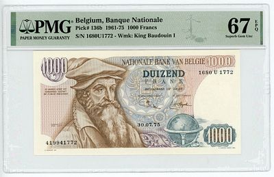 Бельгия 1000 франков 1961-1975 гг. PMG 67 EPQ Superb Gem UNC