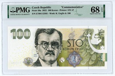 Чехия Чешская Республика 100 крон 2022 г. Юбилейная PMG 68 EPQ Superb Gem UNC. Чехия Чешская 