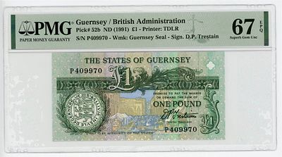 Гернси 1 фунт 1991 PMG 67 EPQ Superb Gem UNC. Гернси 1 фунт 1991 P-52b PMG 67 EPQ Superb Gem UNC