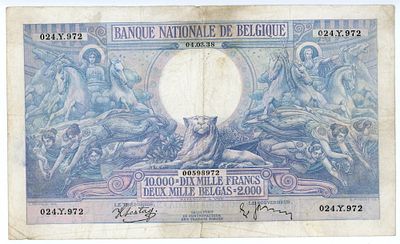 Бельгия 10000 франков 1938 г. F-VF. Бельгия 10000 франков 1938 г. P-105 F-VF