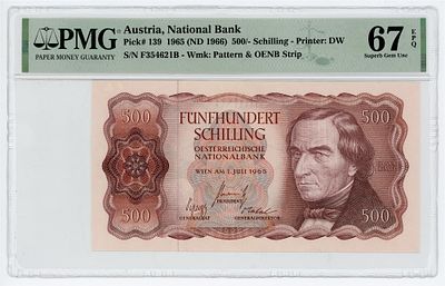 Австрия 500 шиллингов 1965 (1966) г. PMG 67 EPQ Superb Gem UNC. Австрия 500 шиллингов 1965 