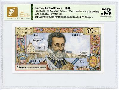 Франция 50 новых франков 1959 г. TQG 53 About UNC. Франция 50 новых франков 1959 г. P-143a TQG 