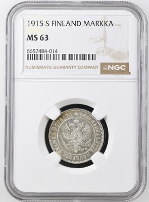 Финляндия 1 марка 1915 г. NGC MS 63
