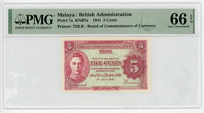 Малайя 5 центов 1941 г. P-7a PMG 66 EPQ Gem UNC