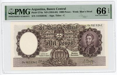 Аргентина 1000 песо 1954-1964 гг. P-274a PMG 66 EPQ UNC